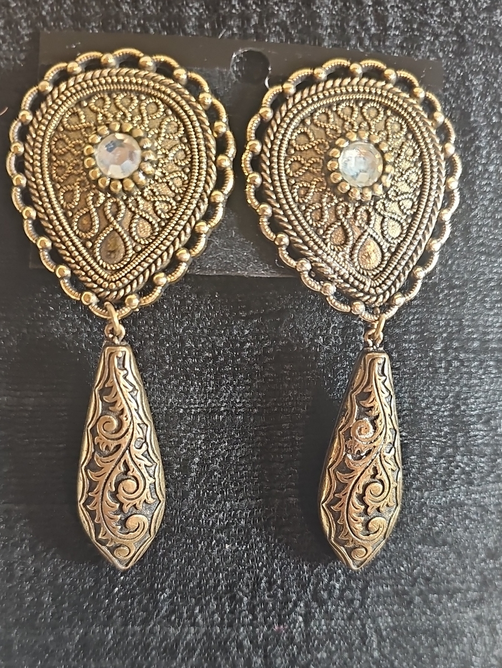 Ornate Gold Tone Filigree Clip On Dangle Earrings 3.25"
